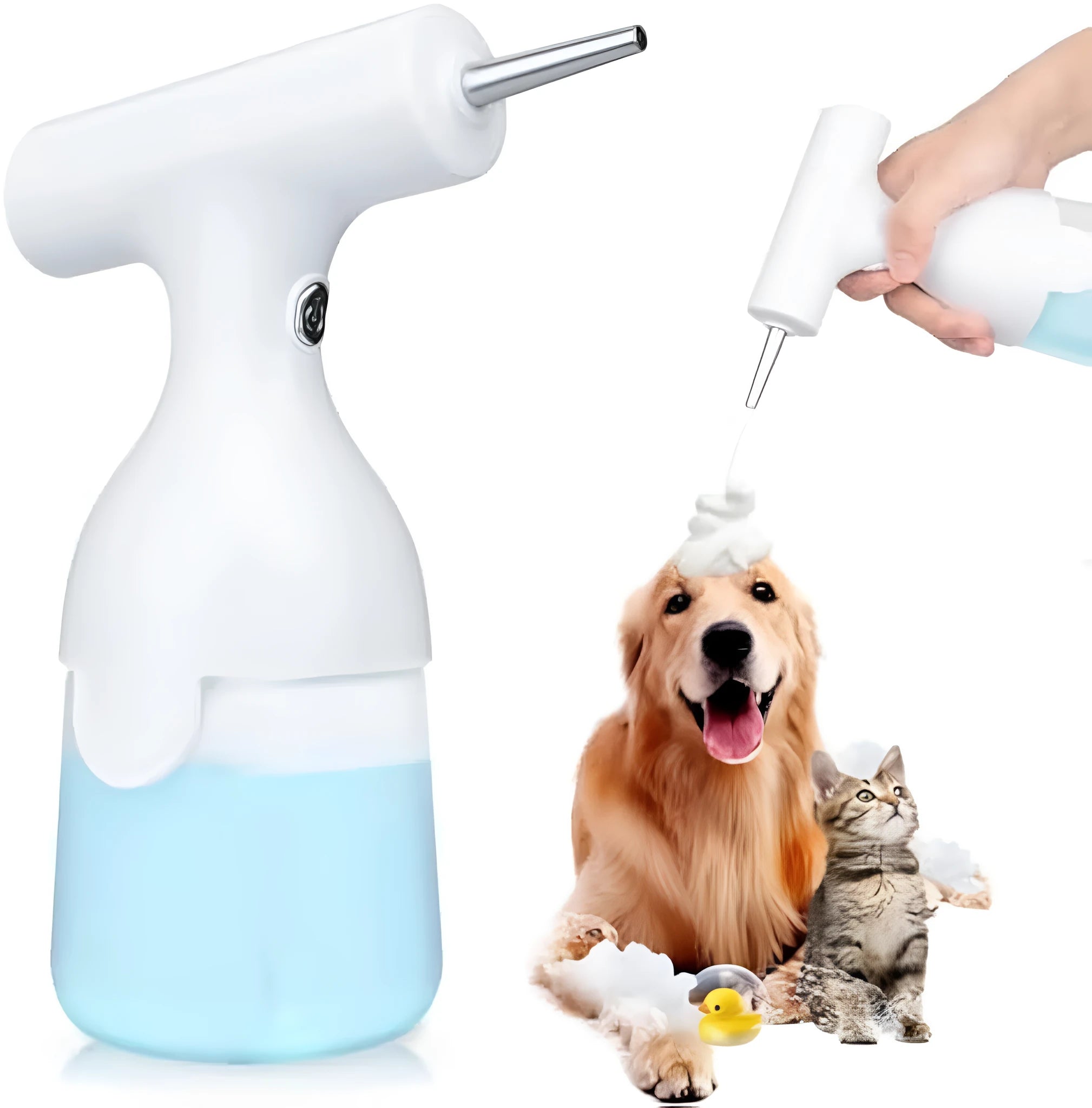 White electric foam soap dispenser with two nozzles and USB cable for pet bathing and home cleaning.