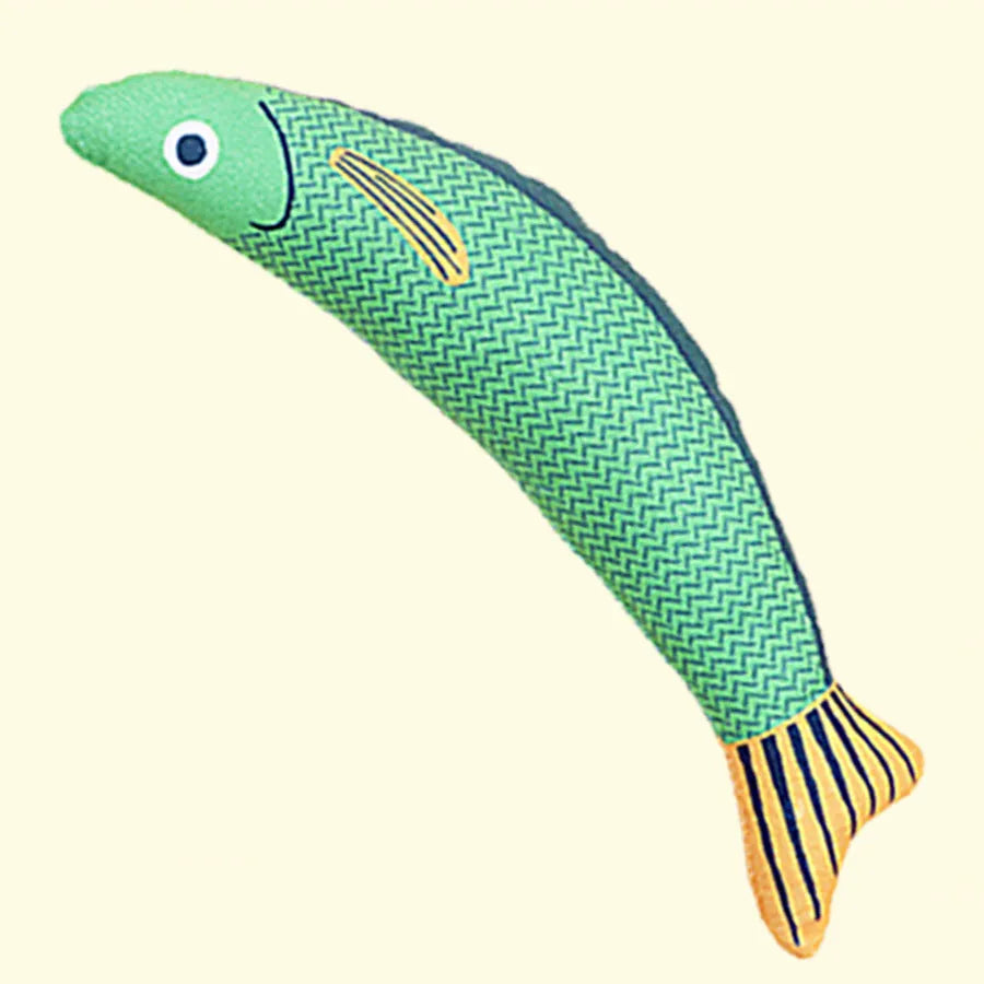 Soft plush catnip fish toy in bright colours with crinkle sounds for interactive cat play