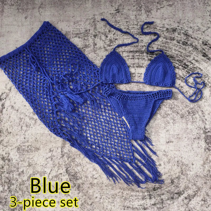 3-piece crochet bikini swimsuit set with matching beach skirt in solid colour