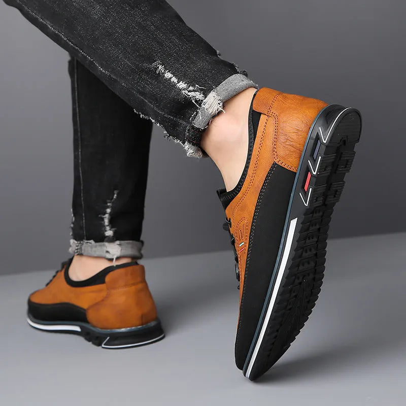 Genuine leather men's sports shoes black colour with vulcanised rubber sole and buckle closure
