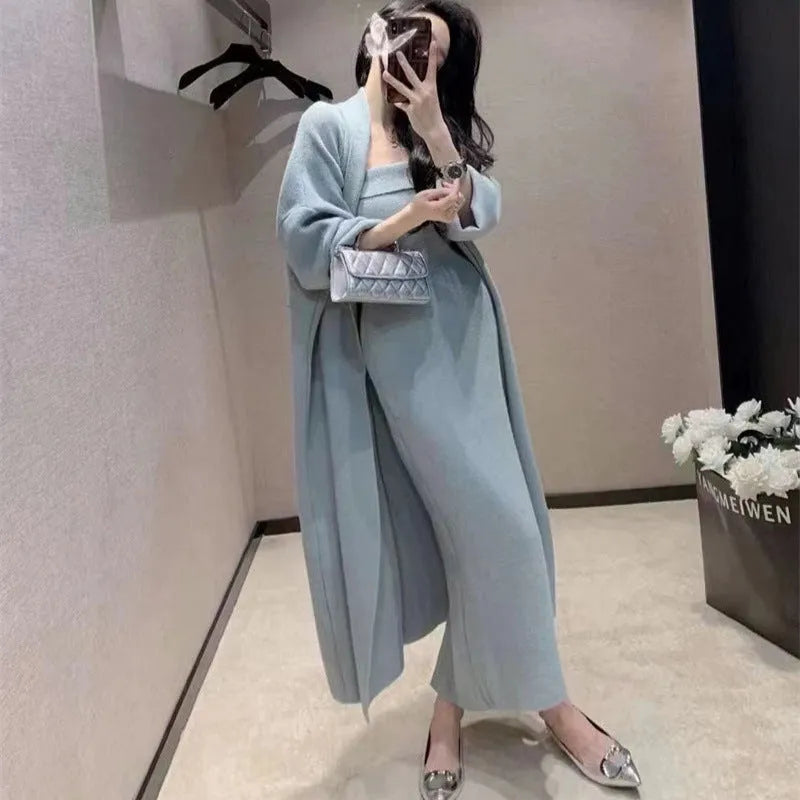 Women's gray knitted cardigan dress suit set with matching coat and flocking detail