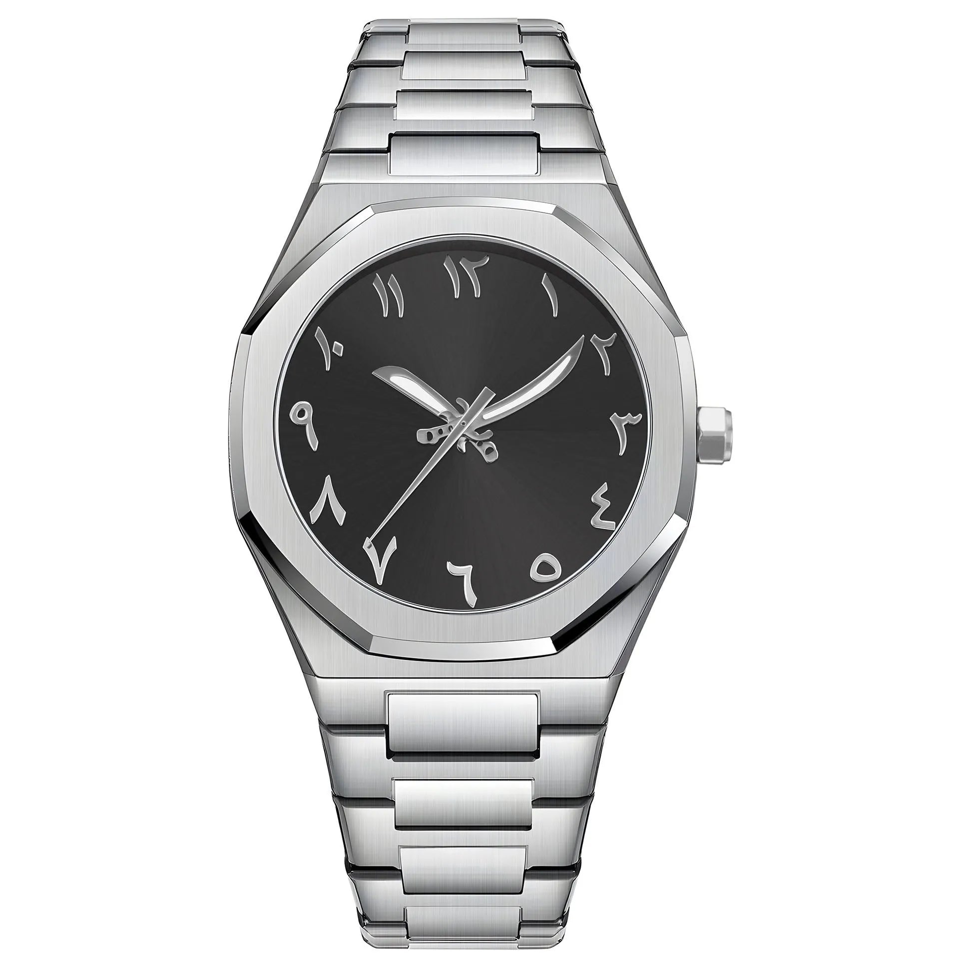 Men's steel bracelet quartz watch in business style on a wrist.