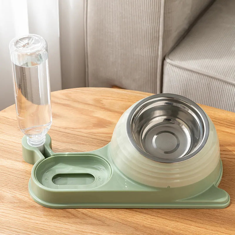 Brown elevated cat food bowl with integrated water dispenser bottle for automatic feeding