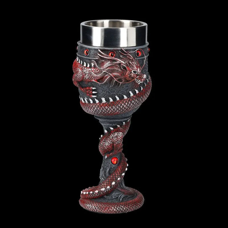 Chinese dragon 3D stainless steel red wine glass with resin handle in gold colour