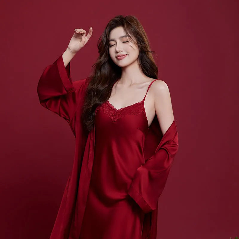 Red polyester ice silk sleepwear set for men and women with long sleeves and trousers