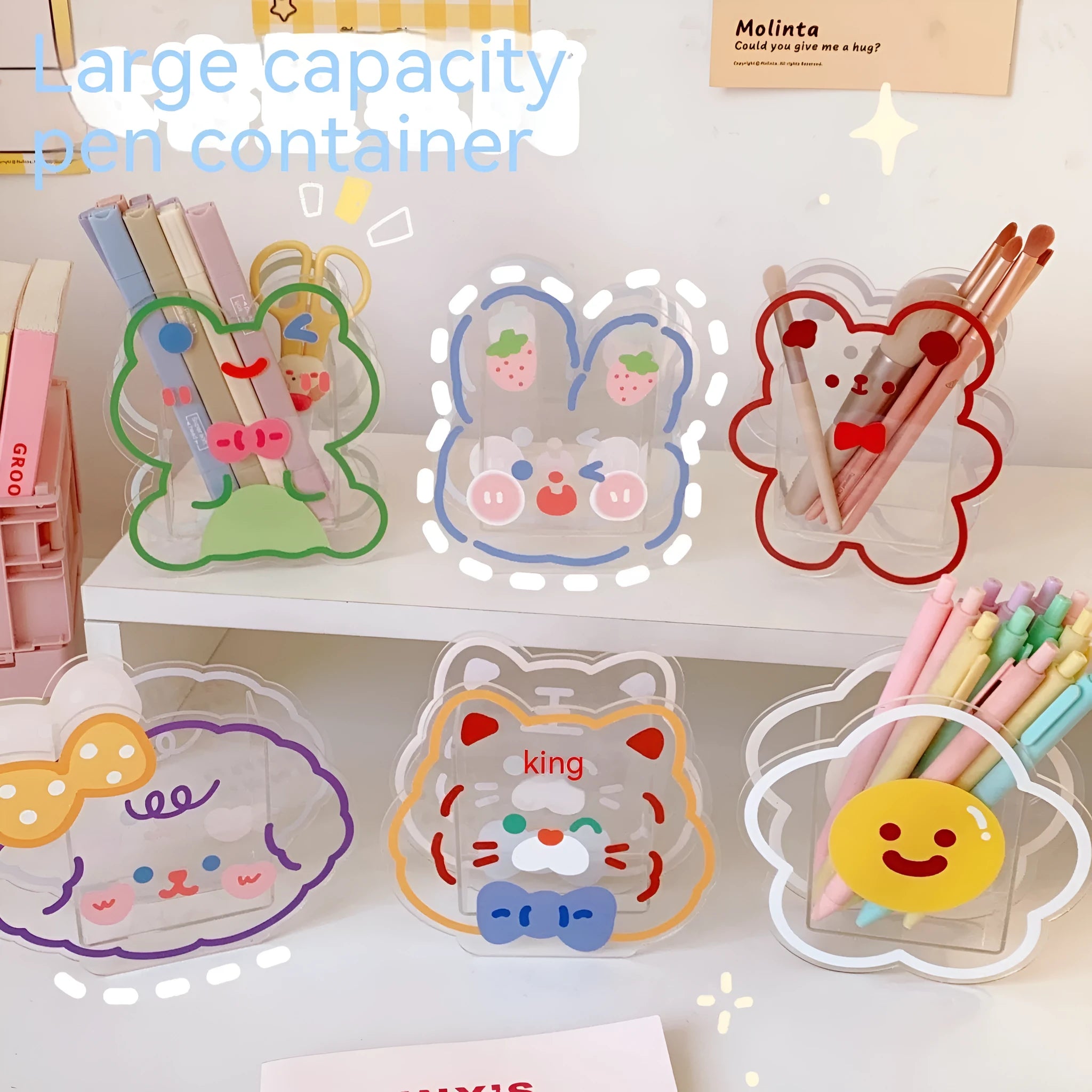 Clear acrylic square storage box with decorative character design for stationery organisation