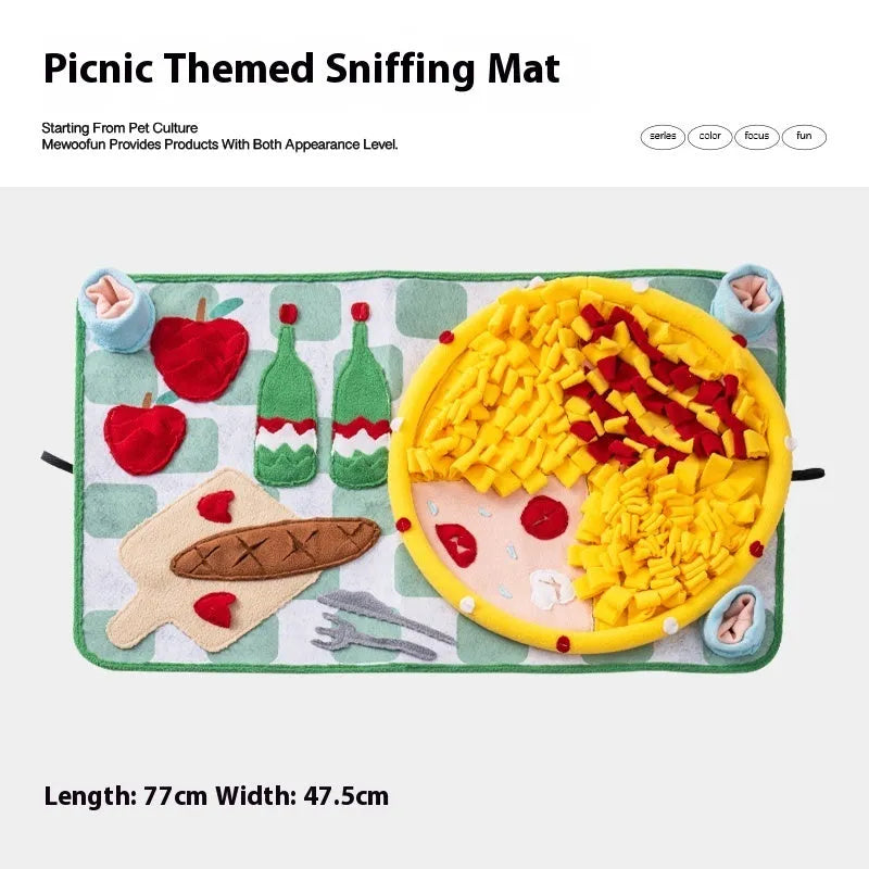 Plastic fabric dog sniffing mat with food hiding design in garden camping theme
