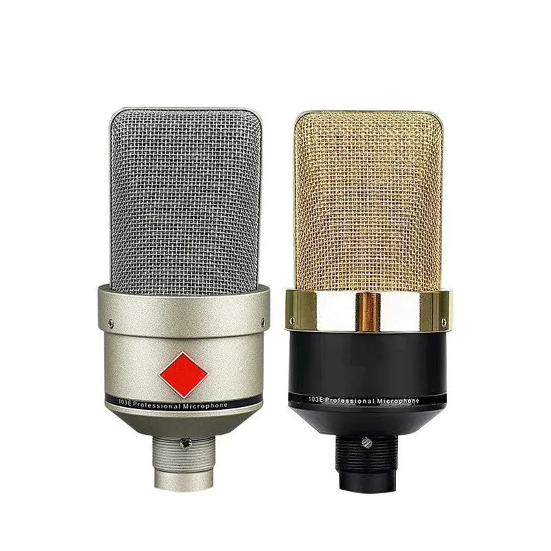 Wired condenser microphone with stand in black gold or champagne gold finish for recording and live broadcast.
