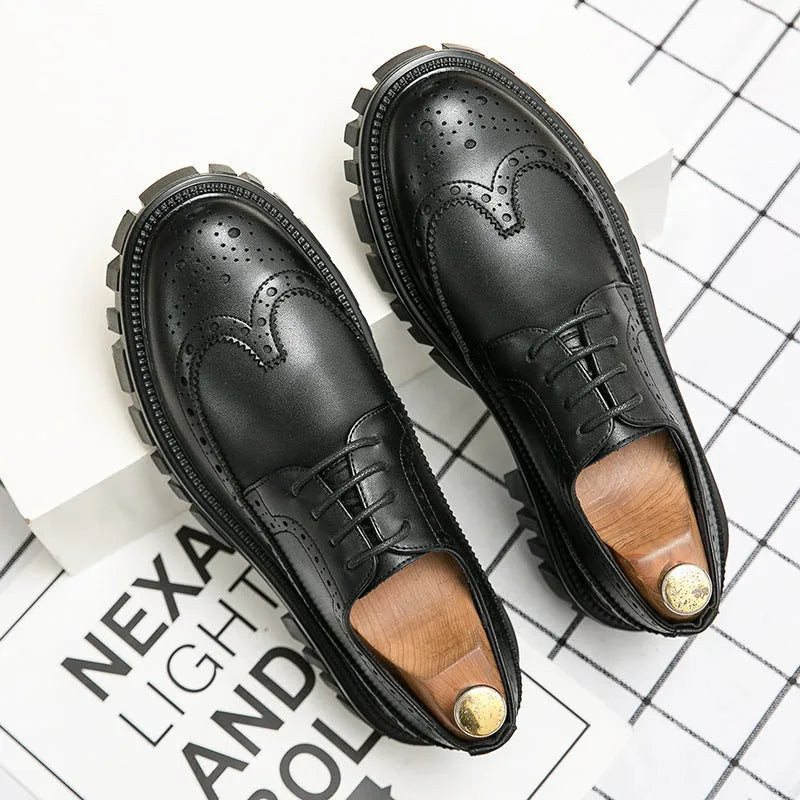 Men's black and brown business brogue shoes with round toe and brogue detailing.