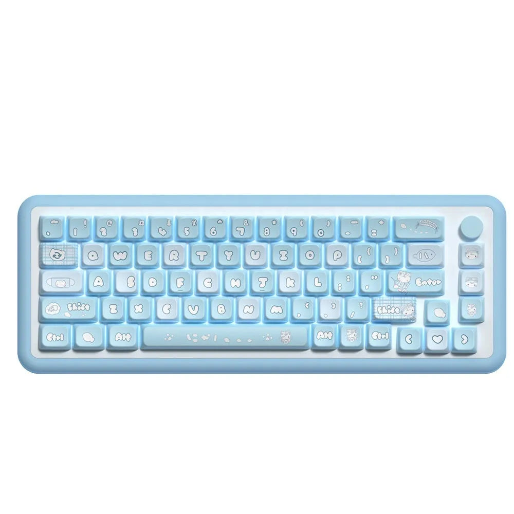 Watercolour kitten design custom PBT keycap set for mechanical keyboards, showing 138-key and 158-key options.