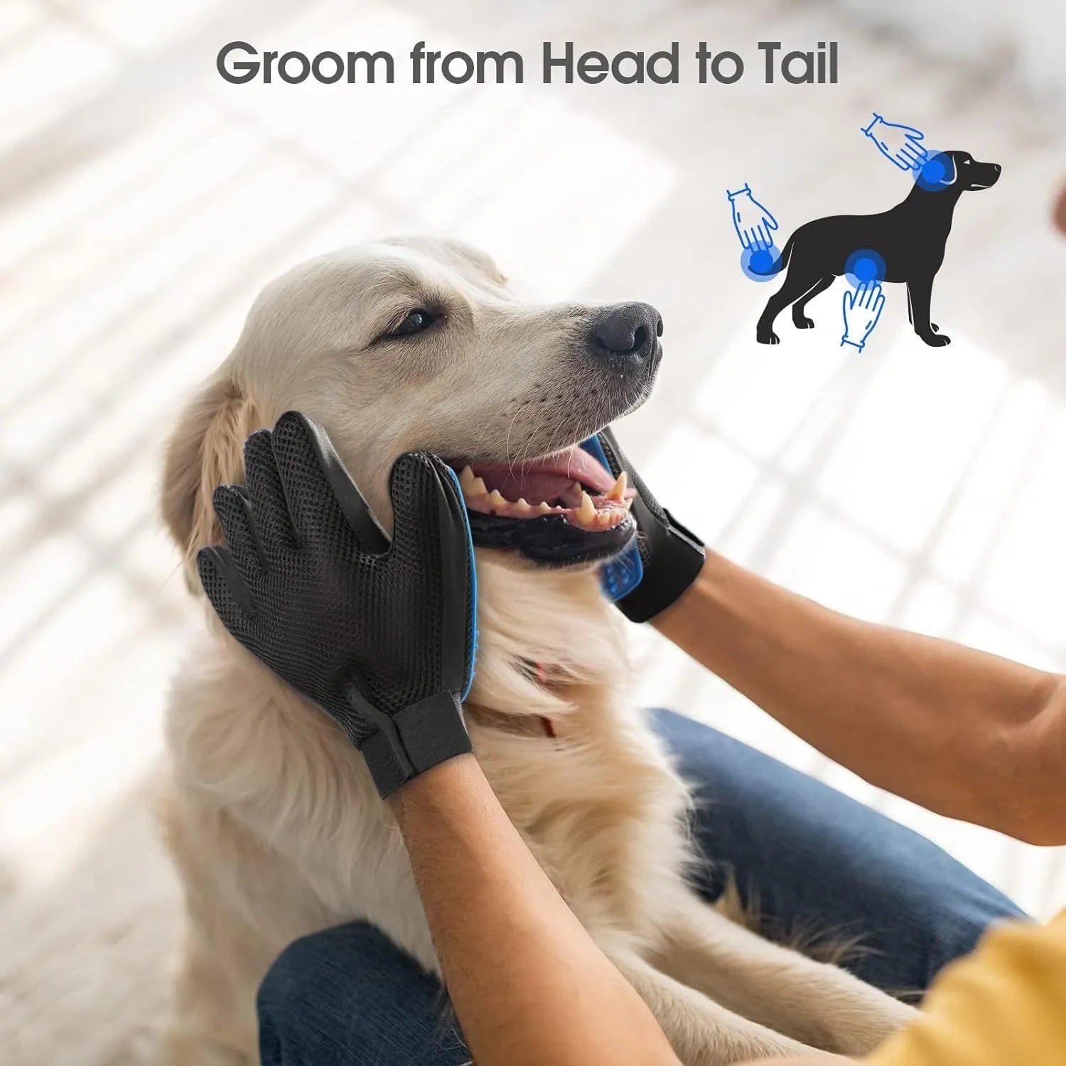 Blue pet grooming glove with silicone tips for brushing dogs and cats