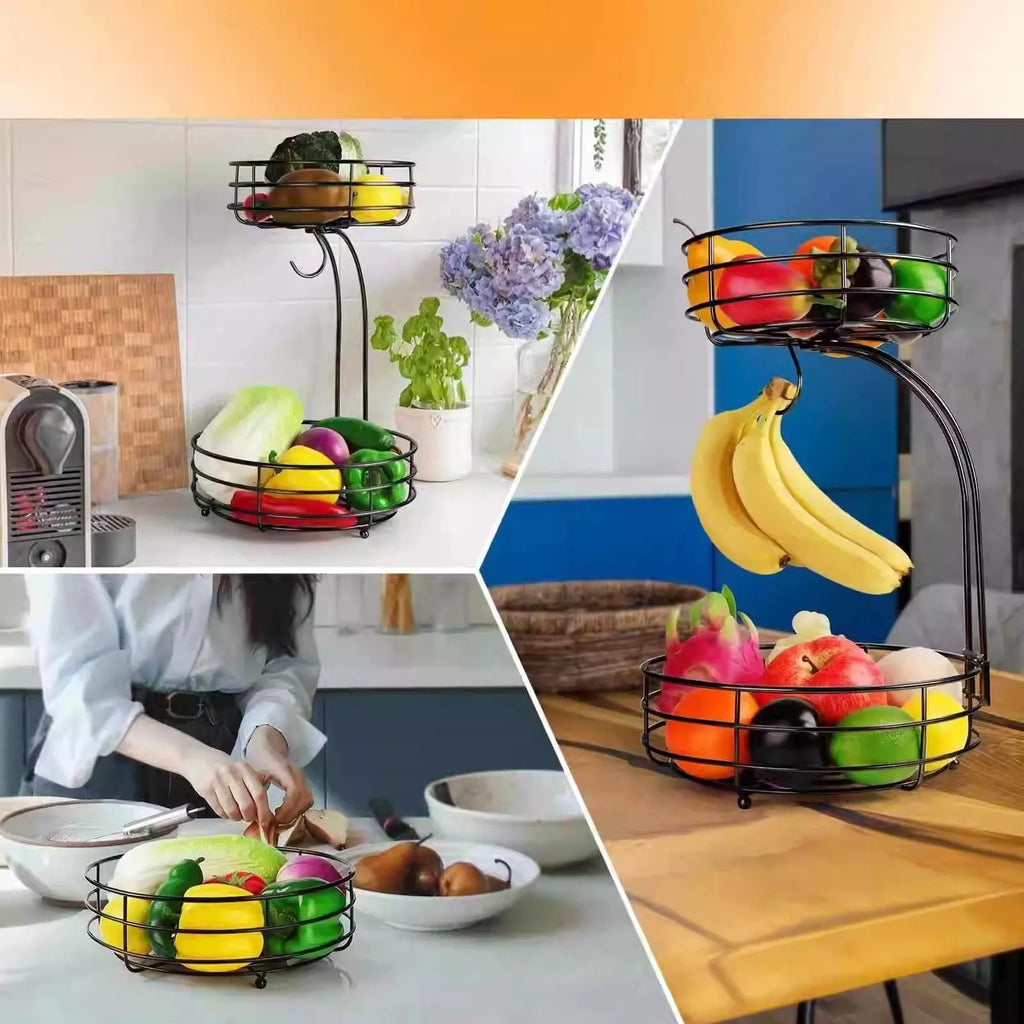 Black and gold wrought iron double-layer fruit basket for restaurant vegetable storage