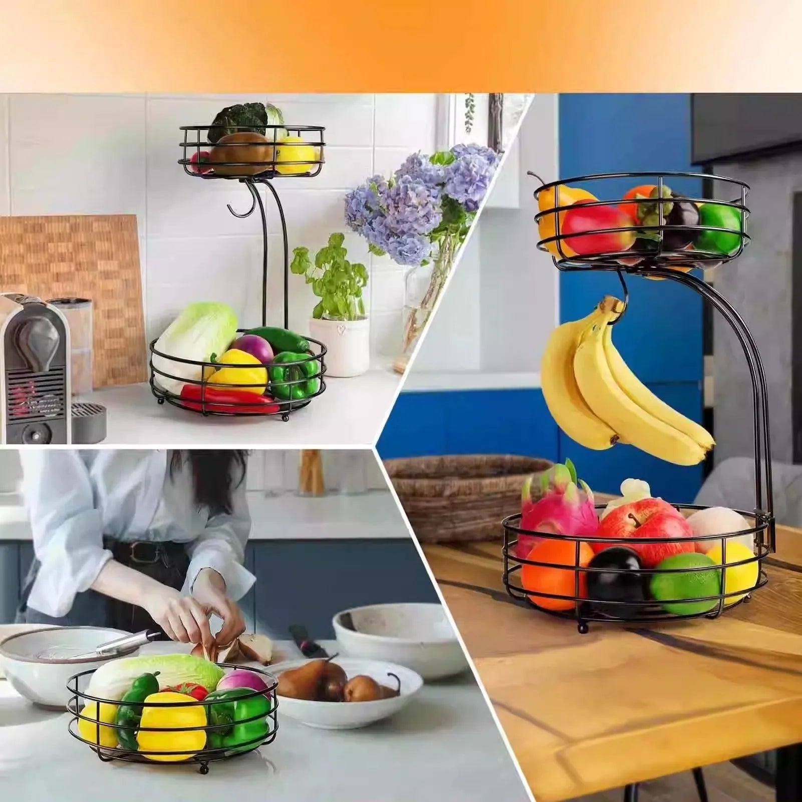 Black and gold wrought iron double-layer fruit basket for restaurant vegetable storage