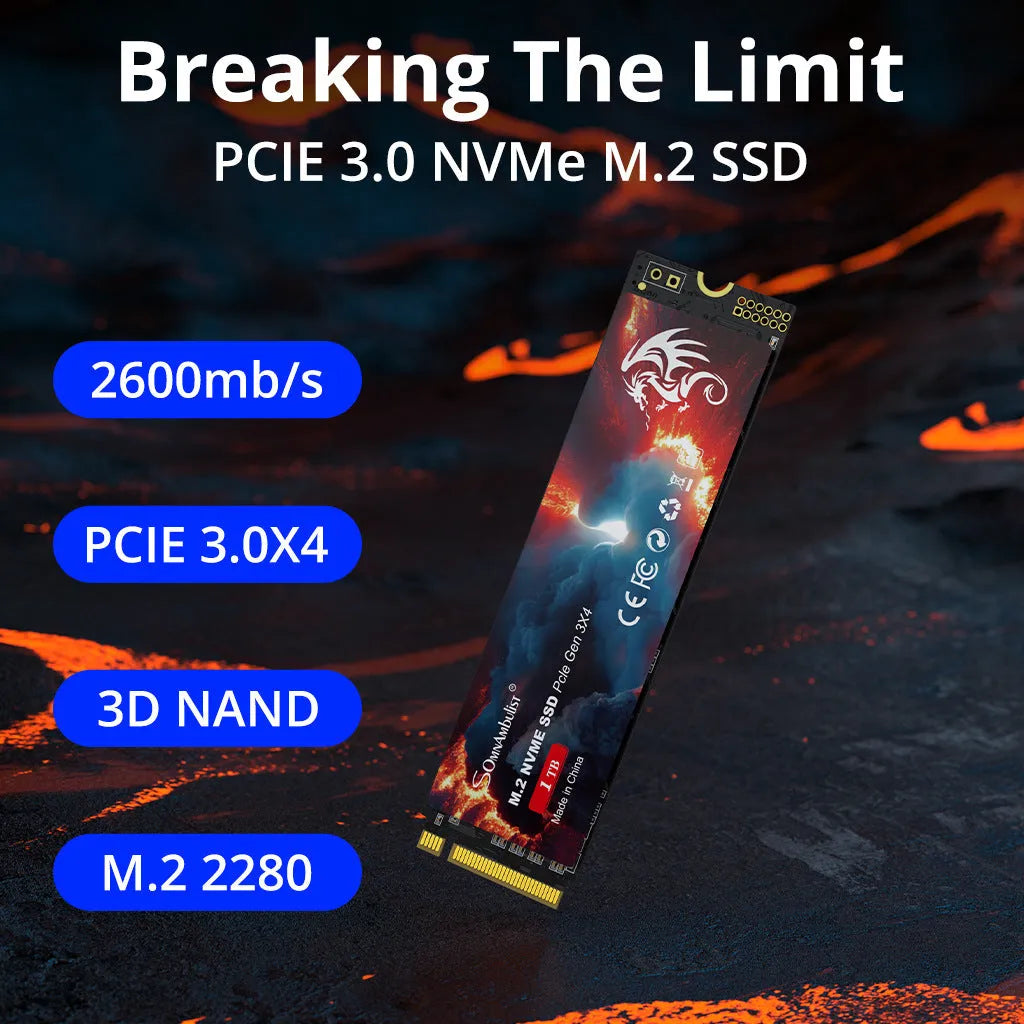M.2 format solid state drive for desktop computers, shown with PCIe connector visible.