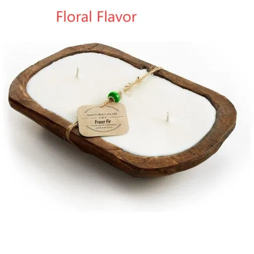 Retro-style lavender aromatherapy candle in a wooden basin made from soy wax.