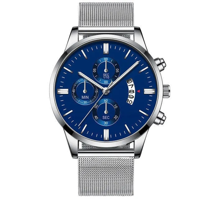Men's stainless steel quartz watch with mesh band and two-tone case on wrist