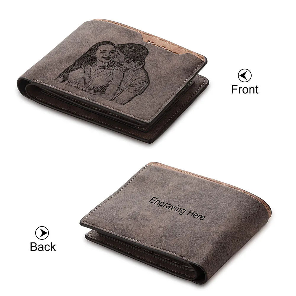 Coffee colour engraved horizontal short wallet with custom lettering on PU leather