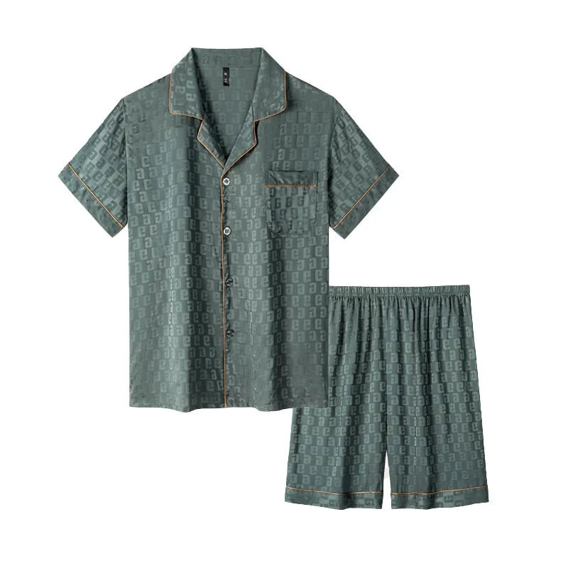 Men's ice silk pyjama set in a black satin jacquard plaid pattern, showing cardigan top and matching shorts.