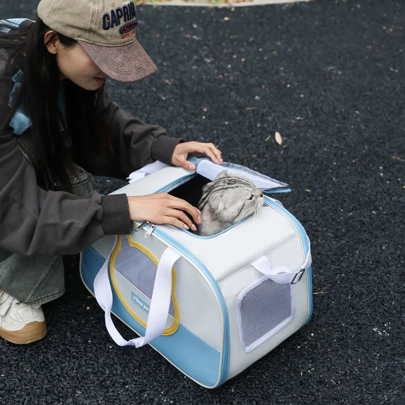 Foldable outdoor cat backpack in blue colour with breathable Oxford cloth construction and 15 kg capacity