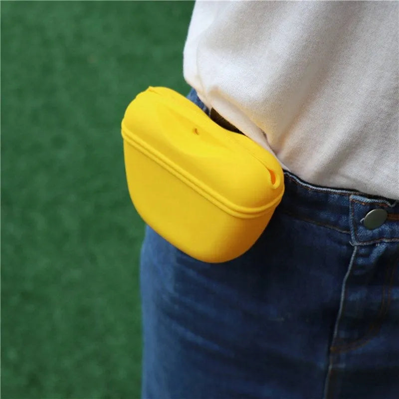Coloured silicone dog treat bag with clip and magnetic opening, shown with dog training treats.