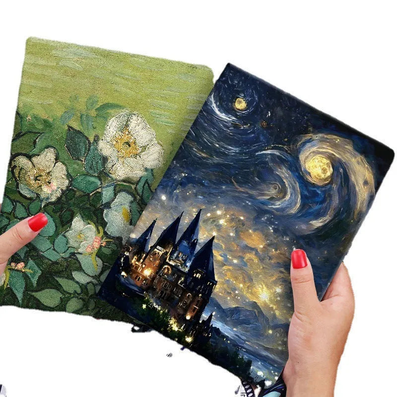 Handmade liquid silicone flip case for iPad with a floral oil painting design on the cover.
