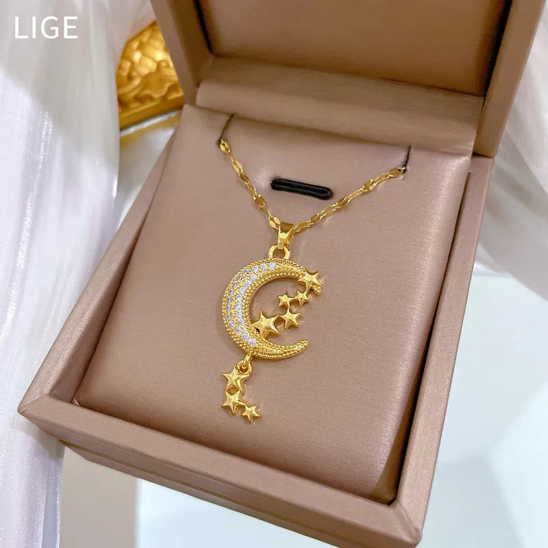 Geometric moon necklace with stainless steel chain and copper pendant centrepiece