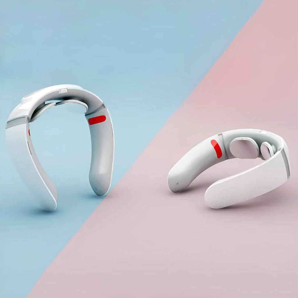 Grey white neck massager with voice control and ergonomic neck curve design
