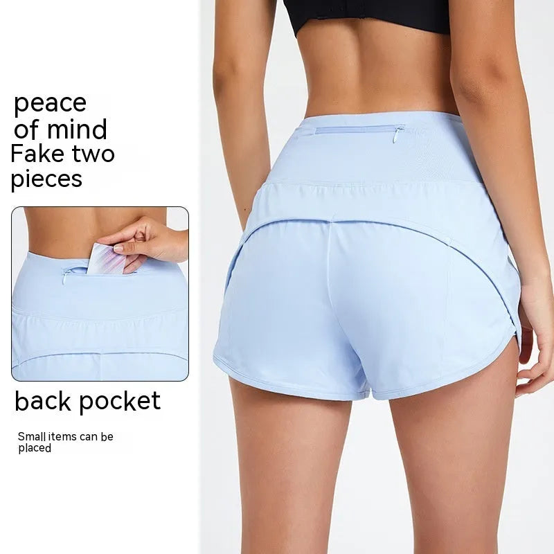 Women's high waist fitness shorts in quick-dry nylon fabric showing black, white, and water blue colour options