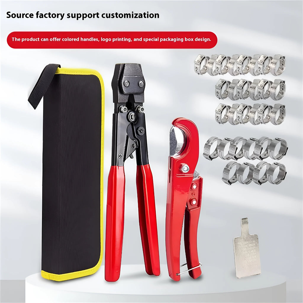 Red cloth PEX single ear clamp set with metal construction and carbon steel cutting edge