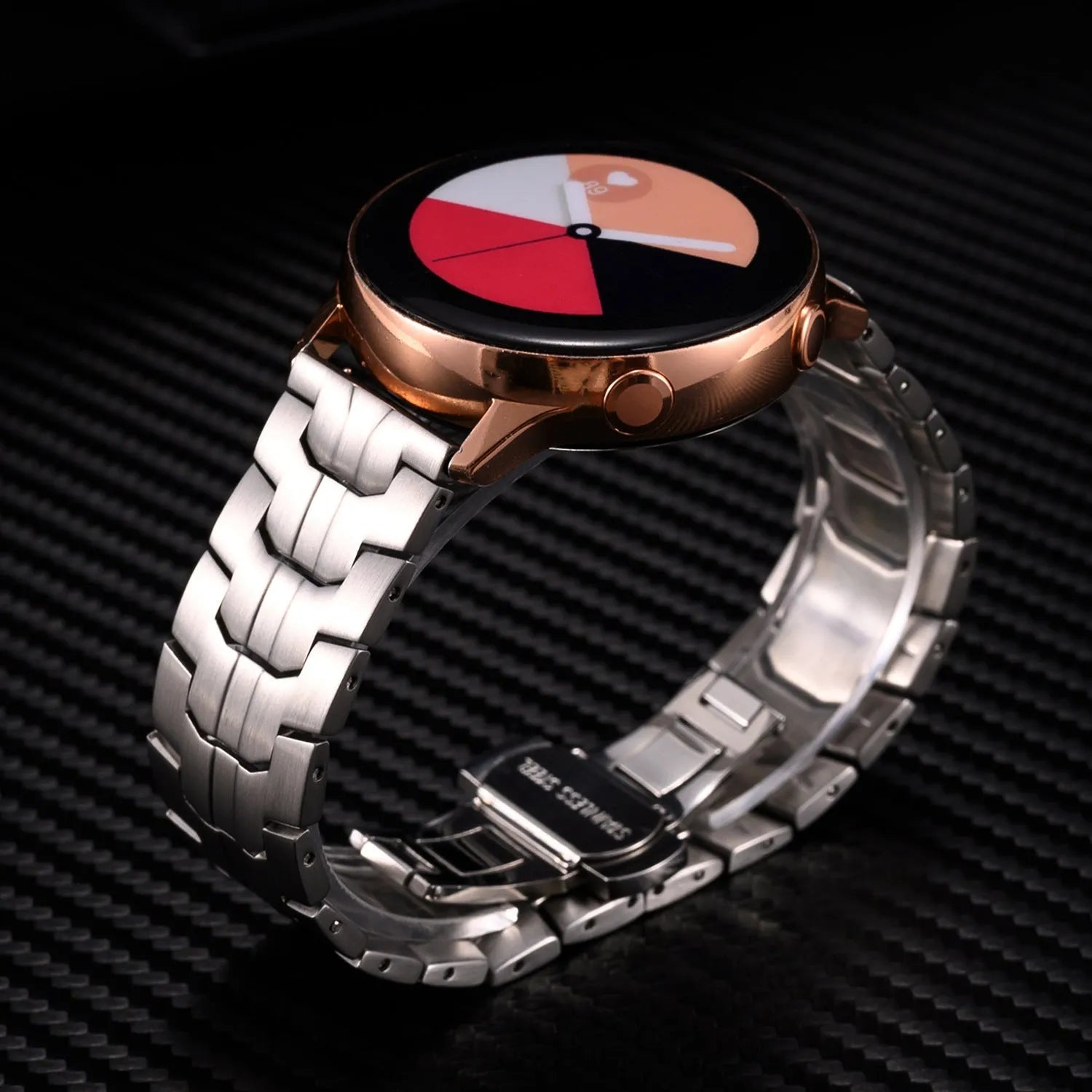 Stainless steel metal watch band for Samsung Galaxy Watch showing colour options on a watch case