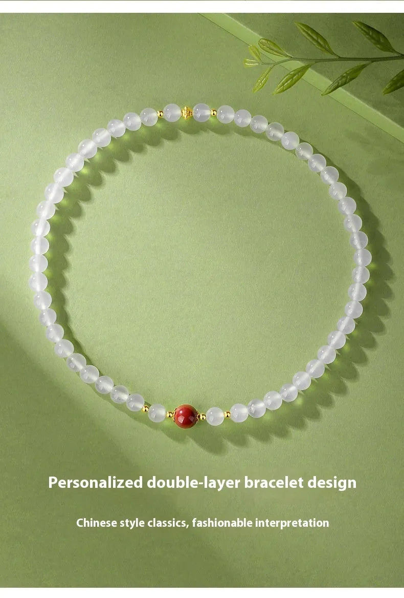Polished white agate double-layer bracelet for women with 6mm geometric beads and cinnabar accents