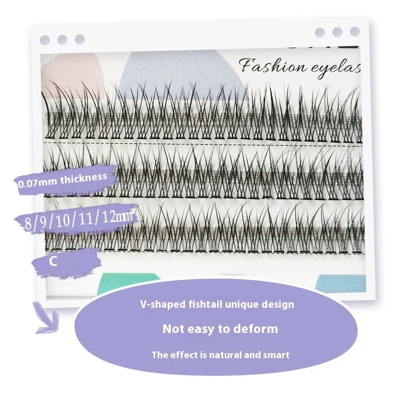 V-shaped fairy fishtail false eyelashes showing thick segment design with five size options