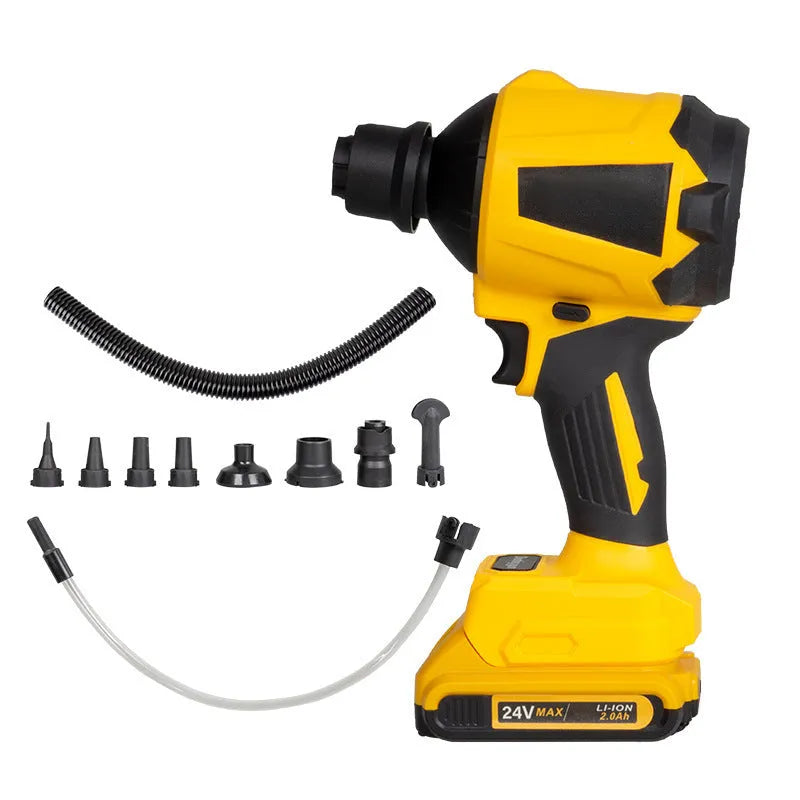 Yellow cordless handheld dust blower gun with adjustable air volume dial for office and home cleaning