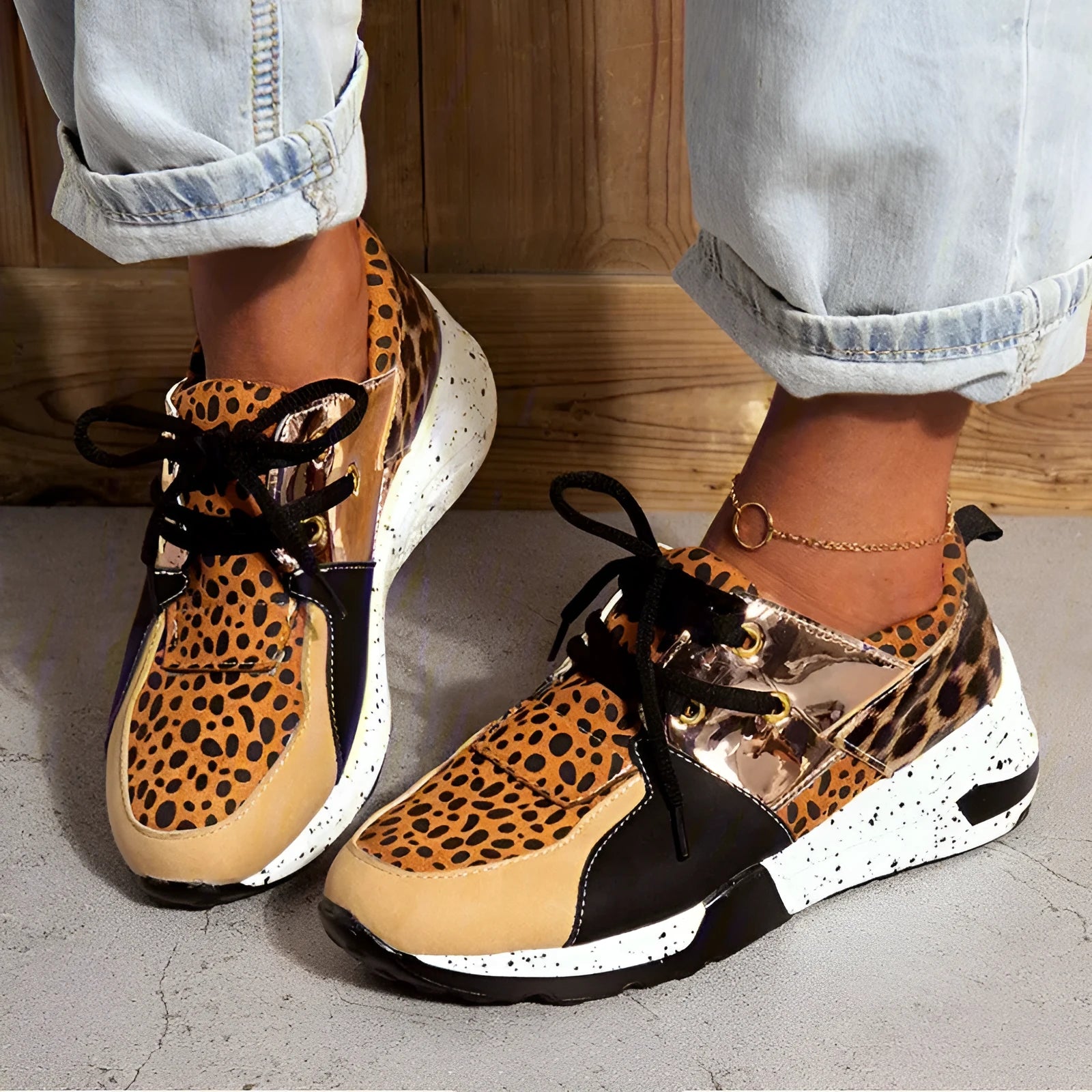 Women's casual suede sneakers with wedge heel in black, leopard, panther, pink, and snake pattern colours
