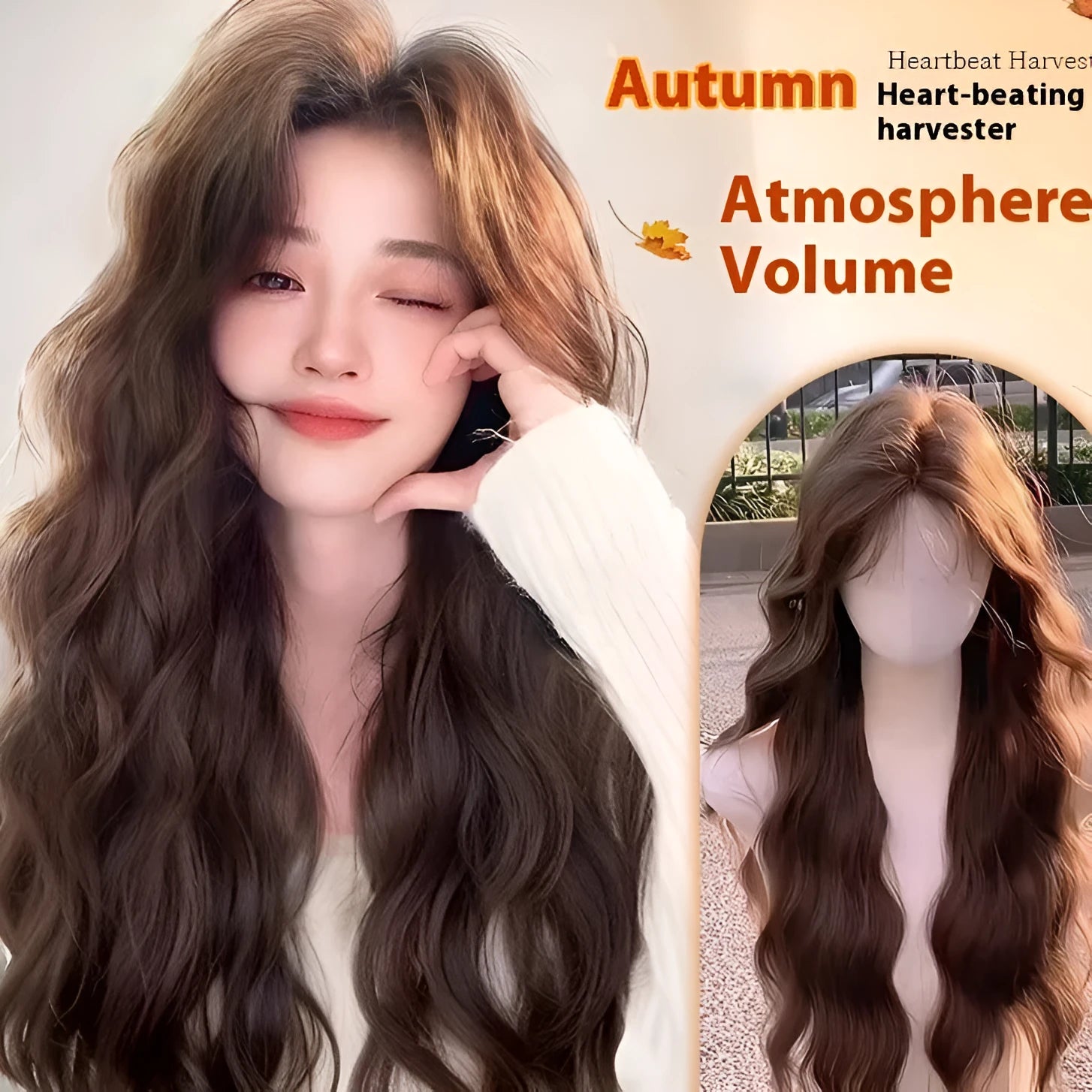 Women's full head wig with long curly artificial hair and side bangs in natural styling