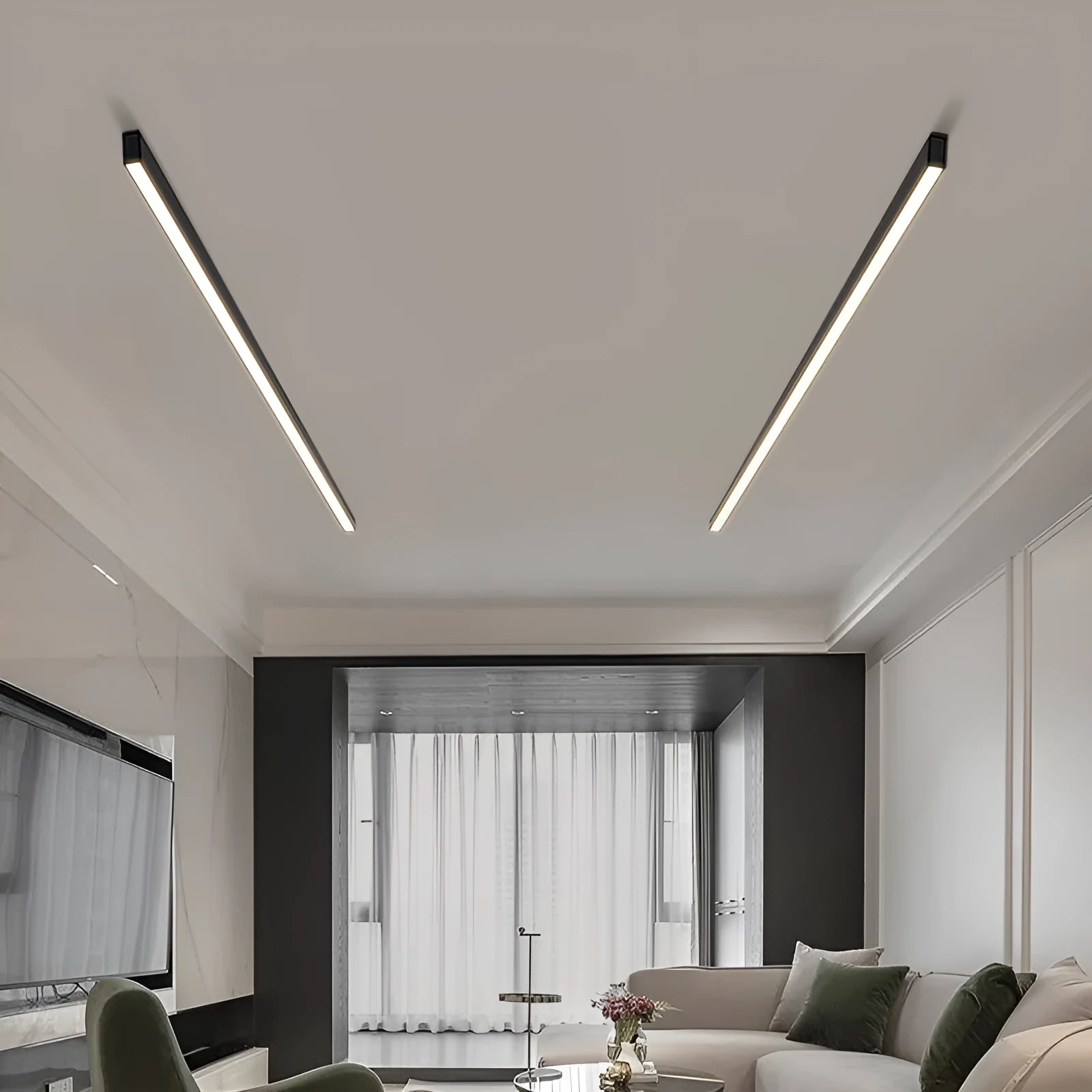 Rectangular aluminium ceiling lamp in Obsidian Black finish, 53.6cm width, 20W