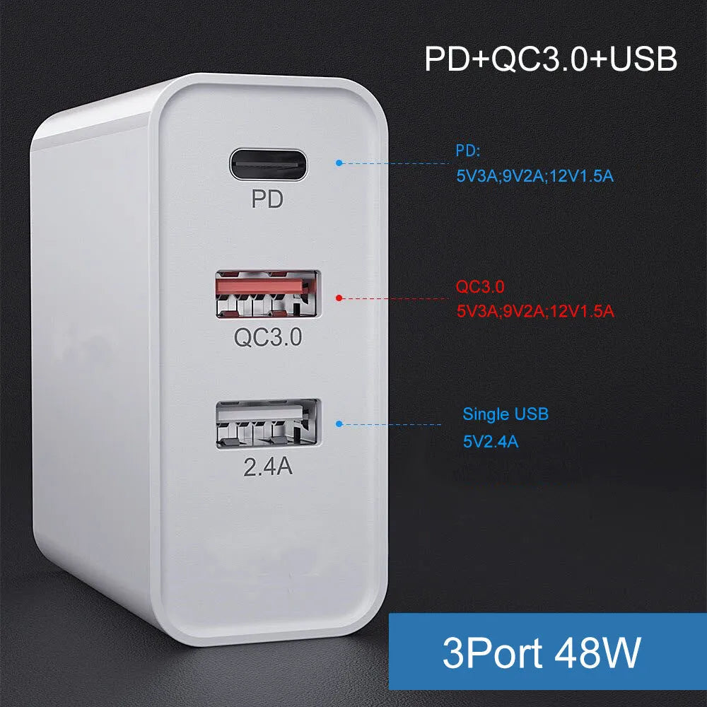 Multi-port fast wall charger with PD and QC support in black or white with international plug adapters