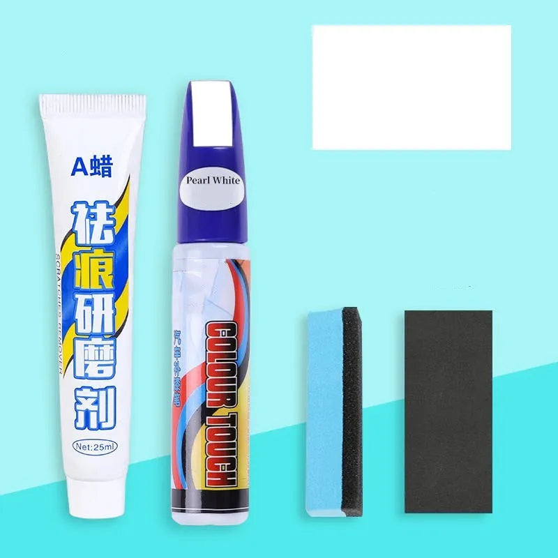 Automotive paint repair pen kit with touch-up paint, scratch wax, sponge and sandpaper