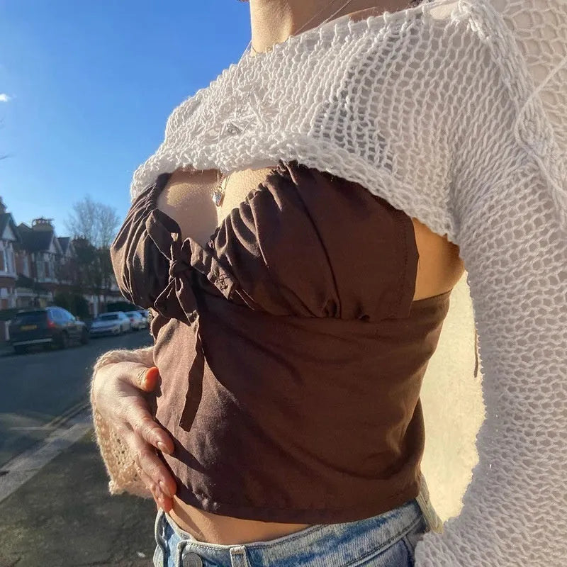 Acrylic bell sleeve hollow out loose round neck pullover sweater in white and army green for women
