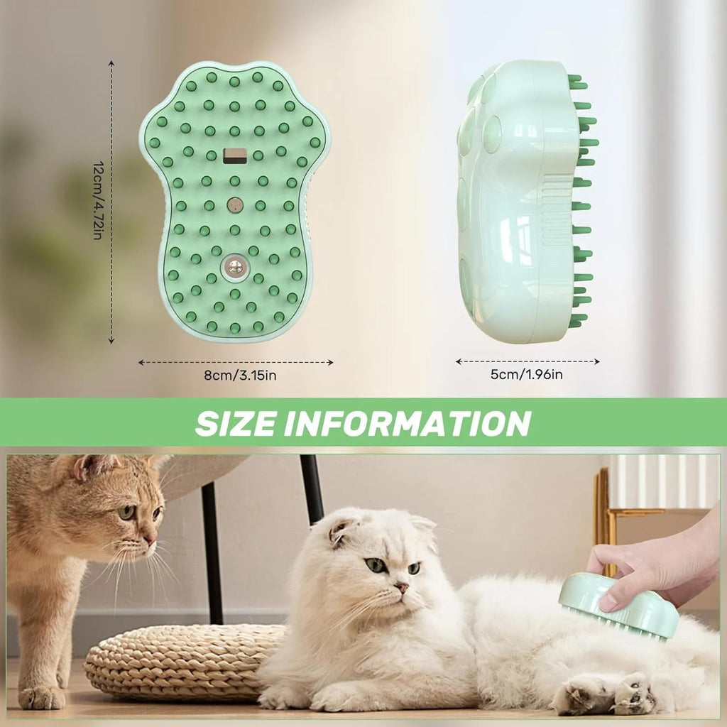 Blue self-cleaning cat steam brush with silicone bristles and a spray nozzle.