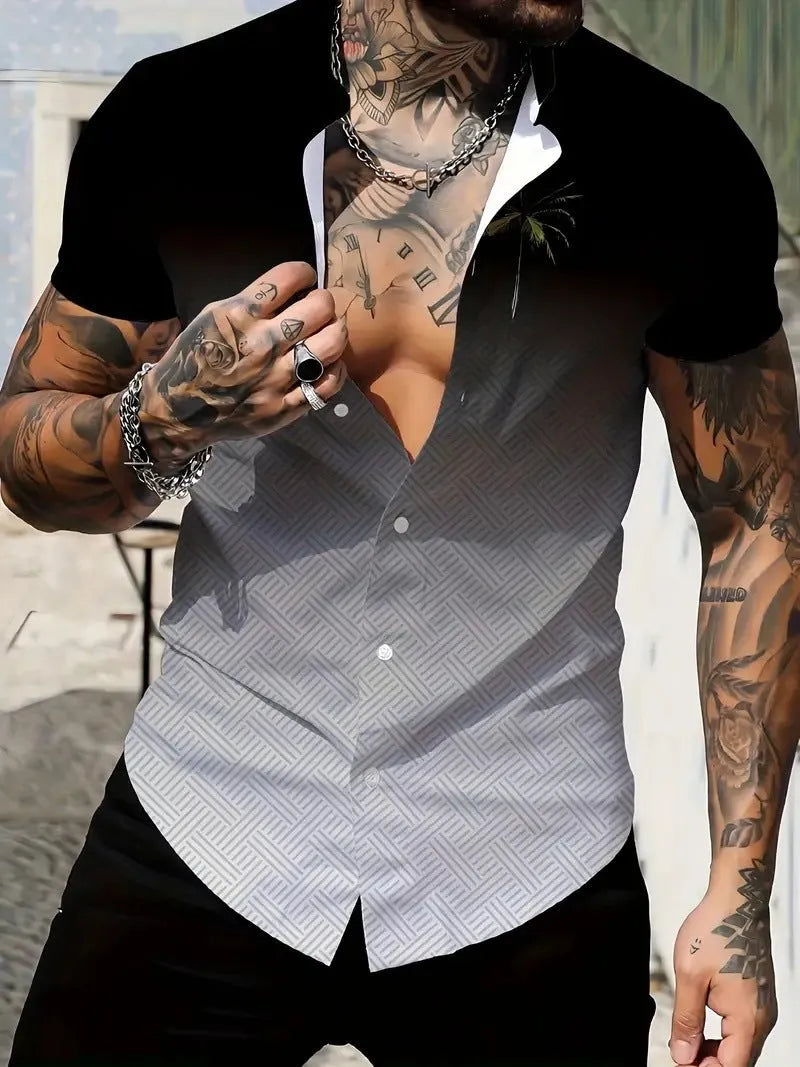 Men's slim fit geometric line print short sleeve shirt with a lapel collar.