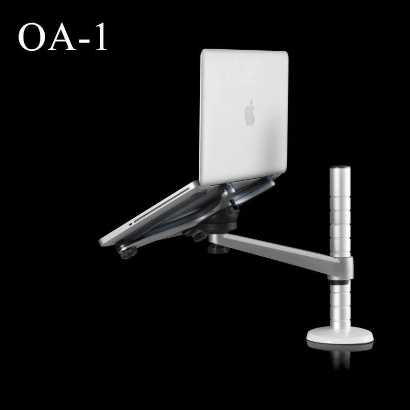 OA-1 aluminium alloy laptop stand with height adjustable arm and rotating platform on a desk