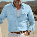 Men's long-sleeved cotton linen summer shirt in green, sky blue, khaki, or white loose fit