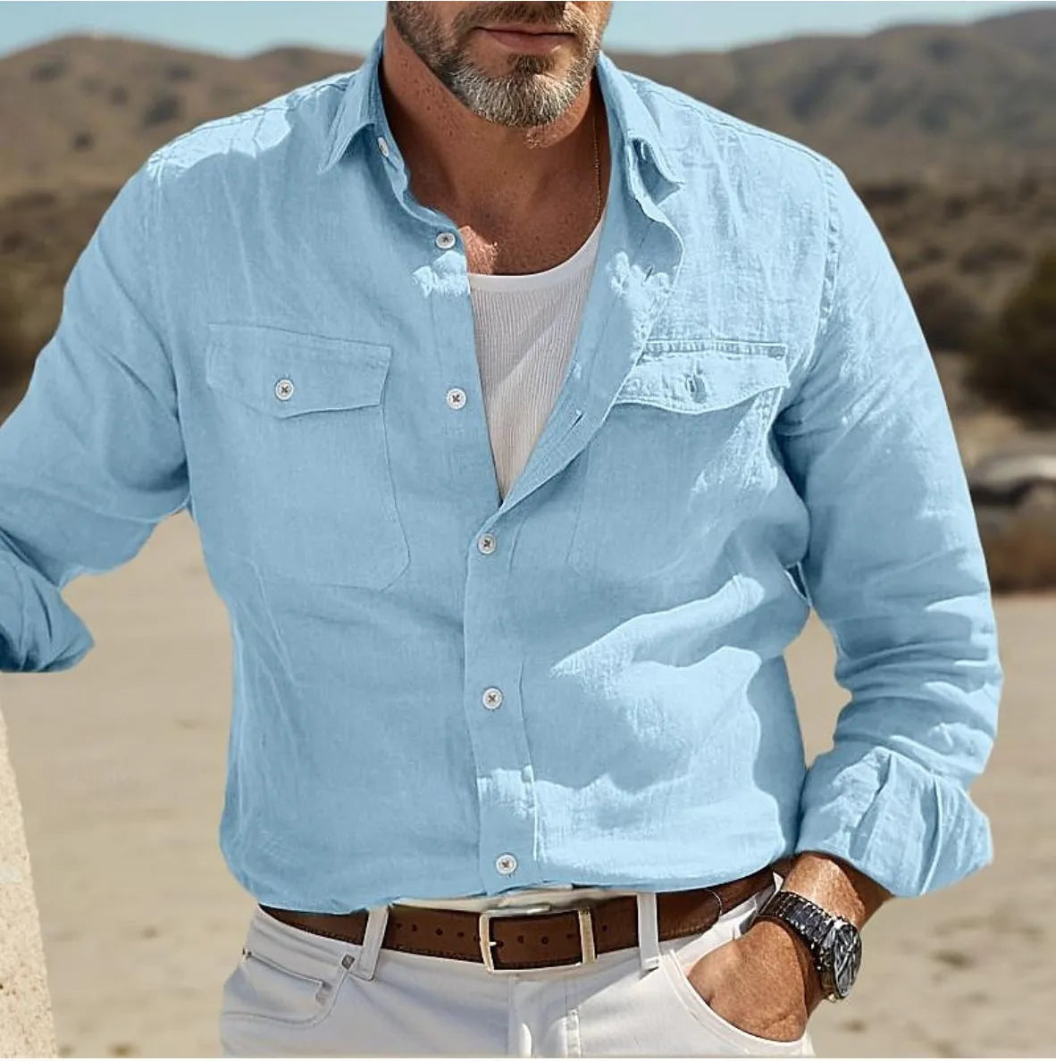 Men's long-sleeved cotton linen summer shirt in green, sky blue, khaki, or white loose fit
