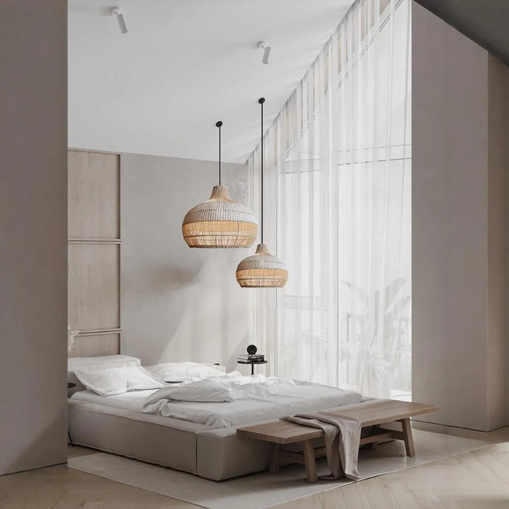 Woven rattan pendant chandelier with a 60cm diameter in a pastoral Silent Wind style.