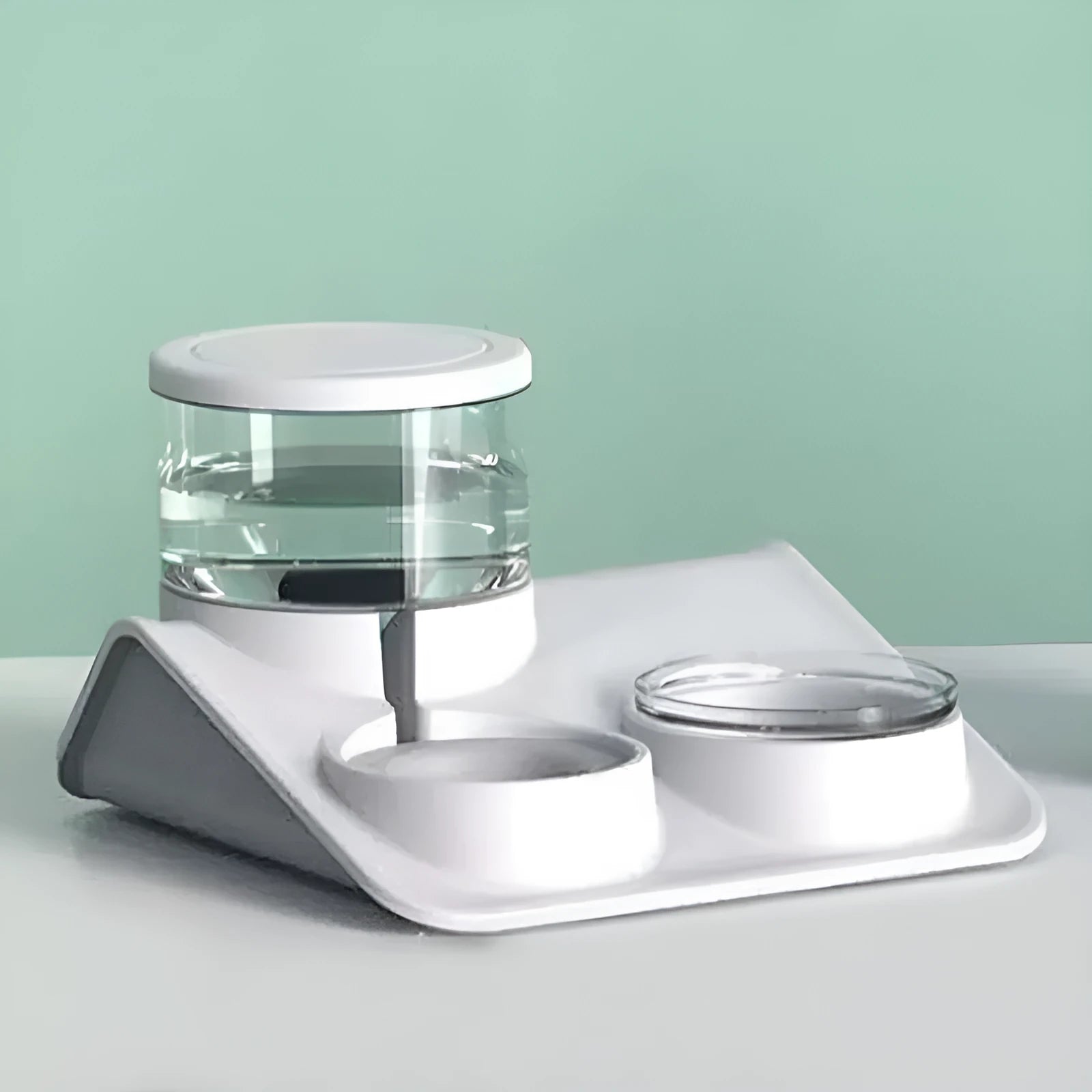 Pet feeder double bowl automatic drinking fountain in blue, grey and pink, 32cm by 30.5cm by 19.5cm