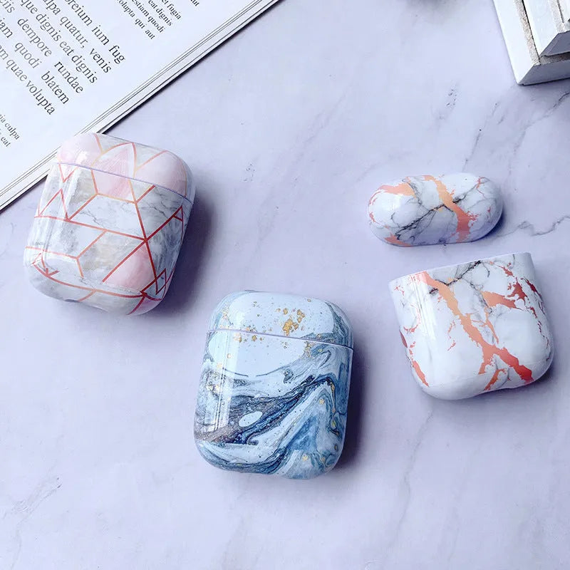 White marble pattern hard protective case for AirPods 1 and AirPods 2 wireless charging box.