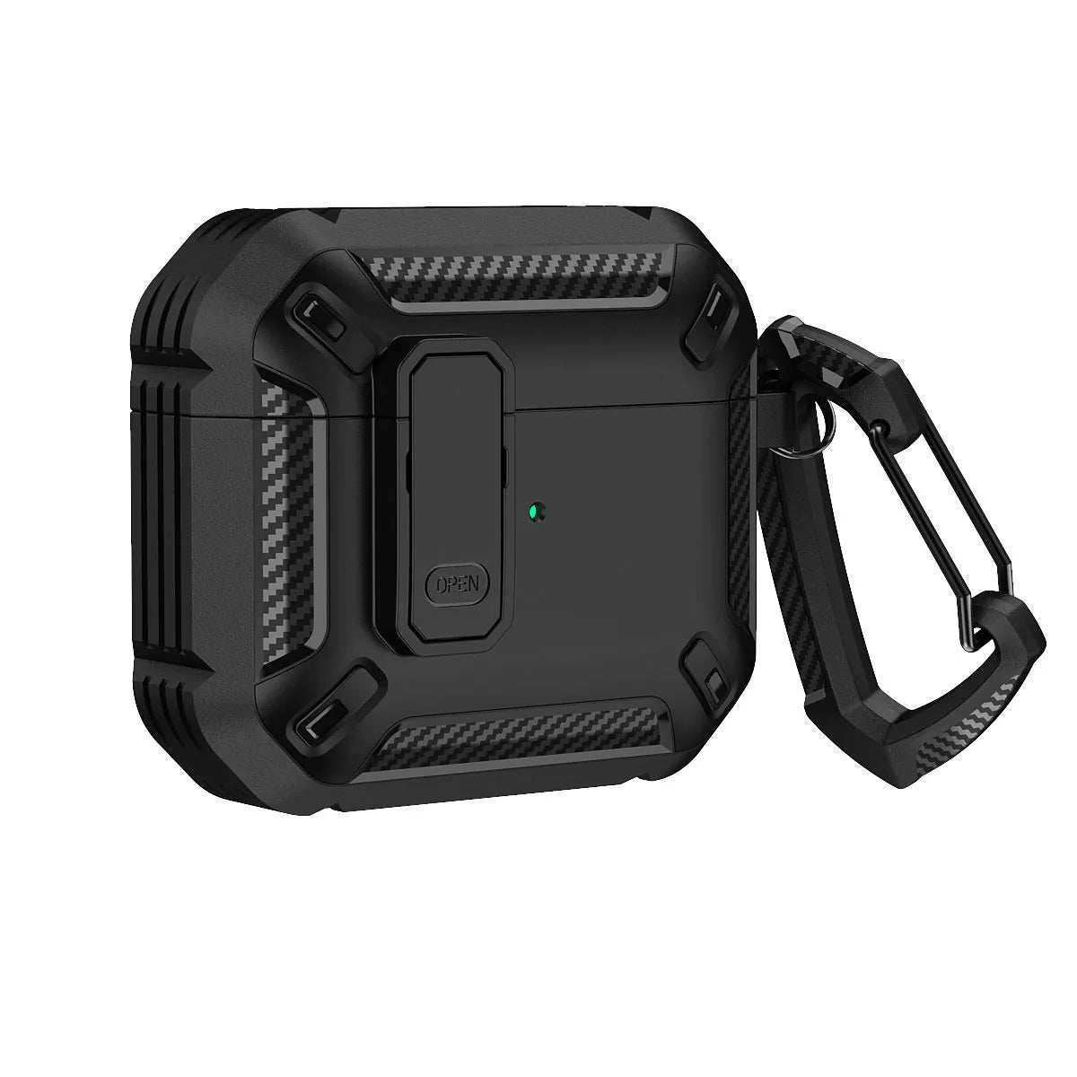Two-colour plastic clamshell protective case for Apple AirPods with a metal hook attached.