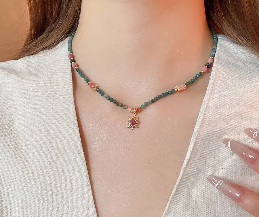 Stone freshwater pearl sun necklace with French royal style pendant on adjustable clavicle chain
