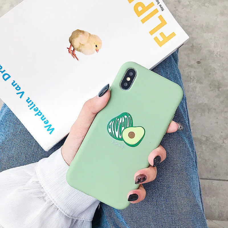 Green avocado cartoon design on a flexible TPU smartphone back cover case.